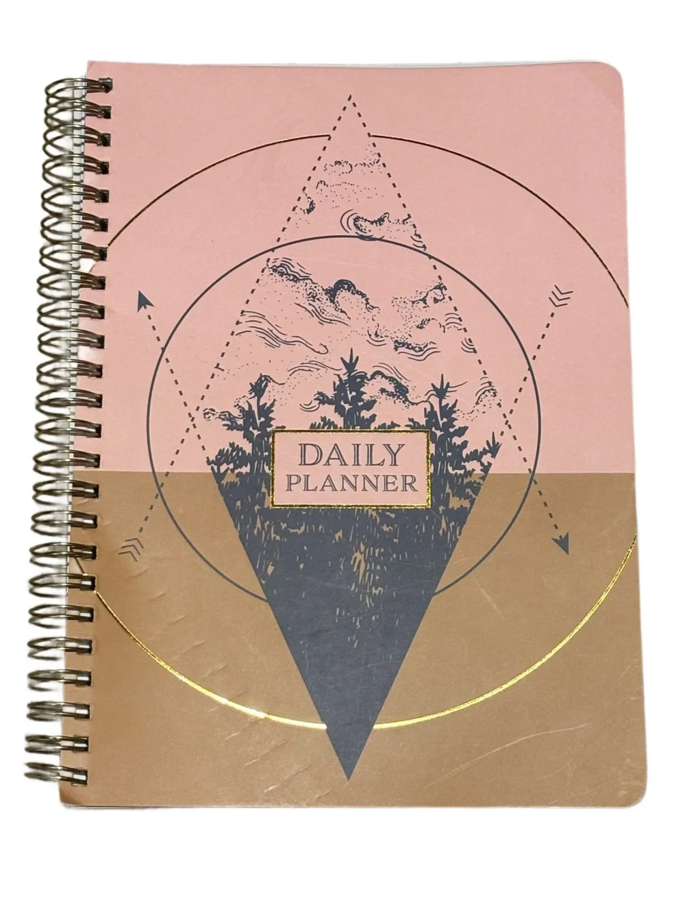 📓 Pink & Tan Spiral Daily Planner Notebook Journal, Geometric Forest Vibes 🌱🖤🌱